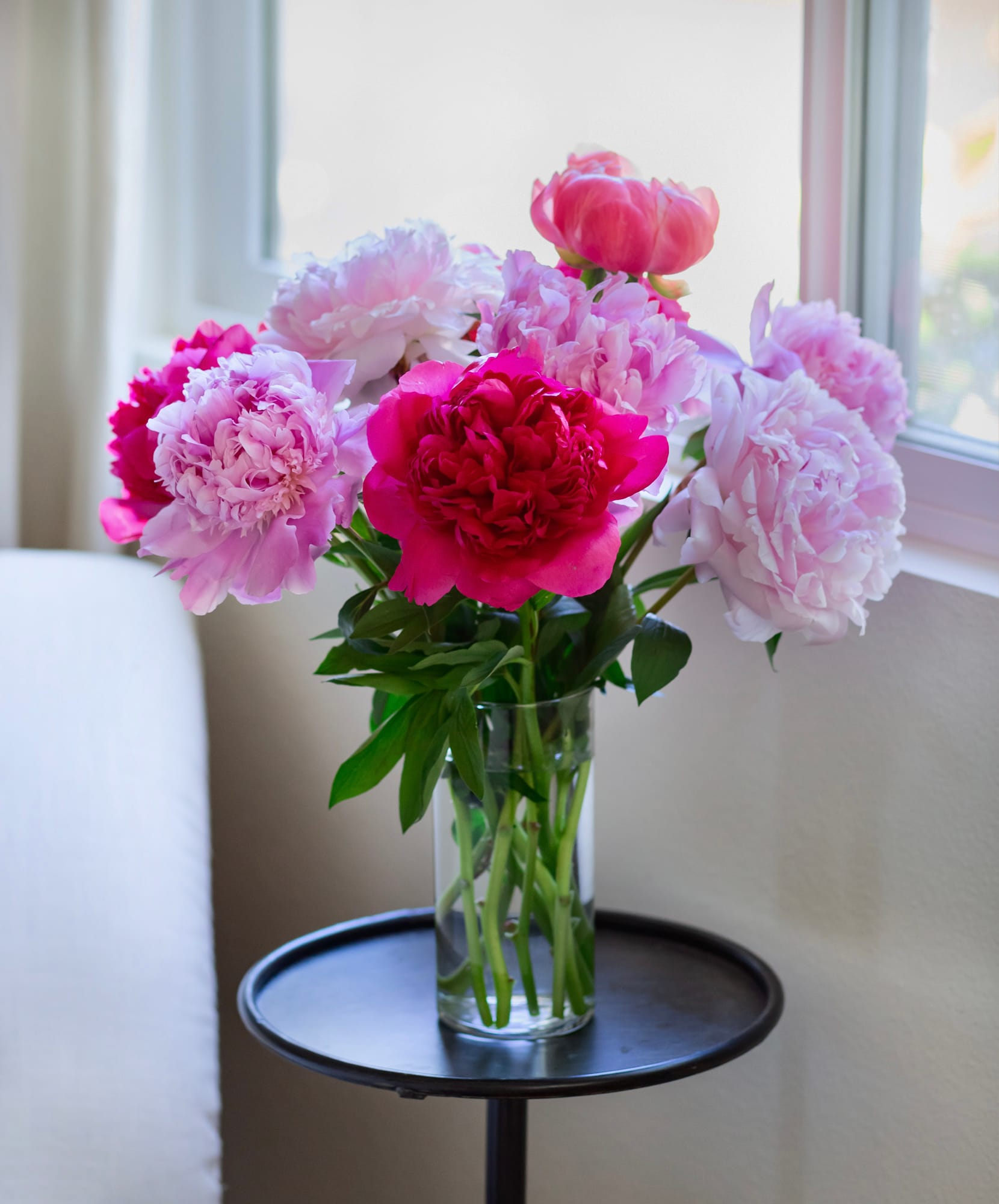 Vibrant pink and white peonies arranged in a clear glass vase on a modern table.